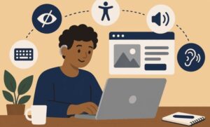 Illustration av person vid laptop med symboler för digital tillgänglighet
