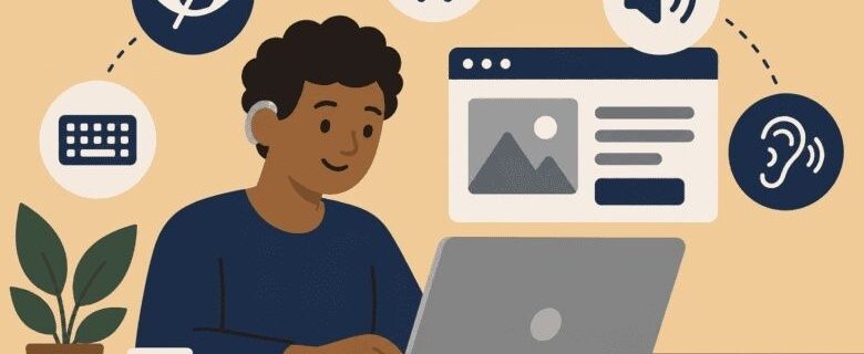 Illustration av person vid laptop med symboler för digital tillgänglighet