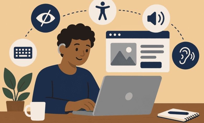 Illustration av person vid laptop med symboler för digital tillgänglighet