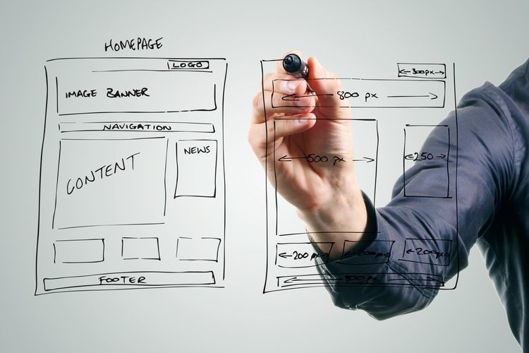Hand ritar ett webbwireframe med meny, innehåll och navigering