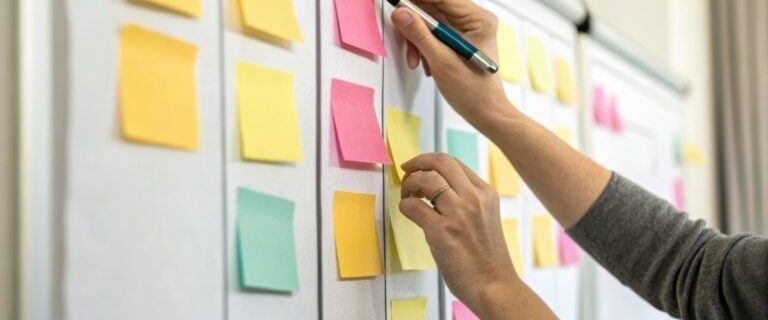 Person organiserar färgglada post-it-lappar på en planeringstavla