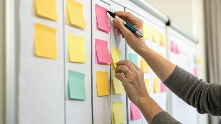 Person organiserar färgglada post-it-lappar på en planeringstavla